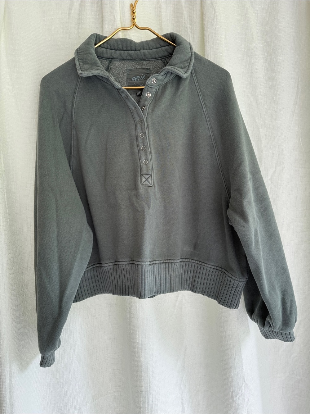 aerie sage green Snap-Front Collared Pullover Sweatshirt